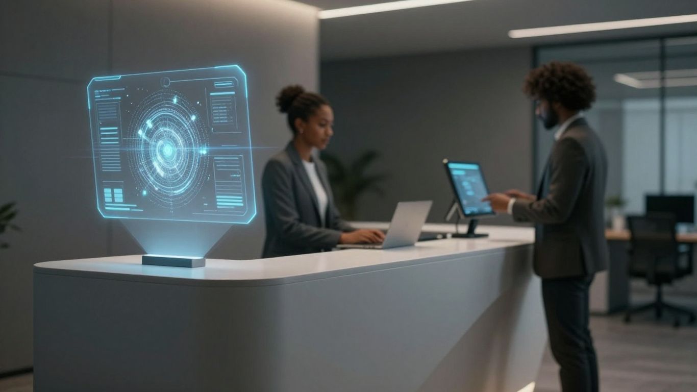 Futuristic AI receptionist interface in a modern office.
