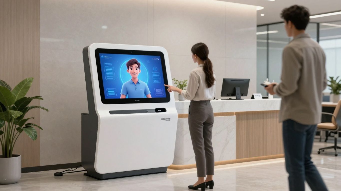 AI front desk software interface assisting a visitor.