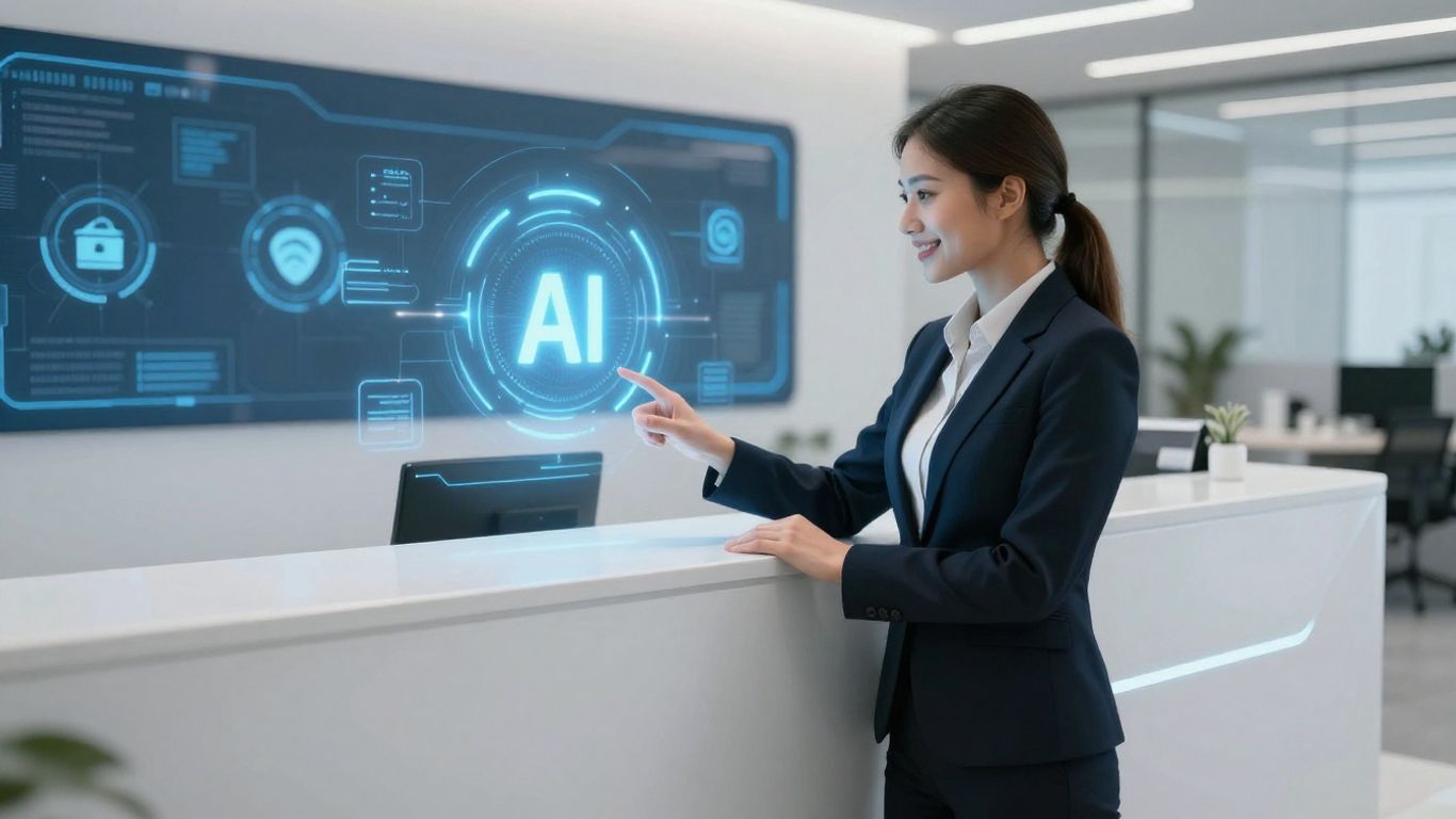 AI front desk software interface and receptionist.