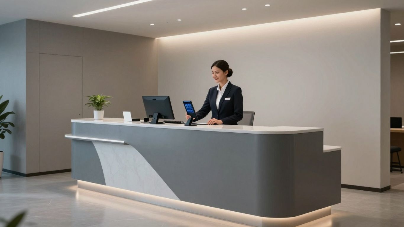 AI front desk software interface and modern reception area.