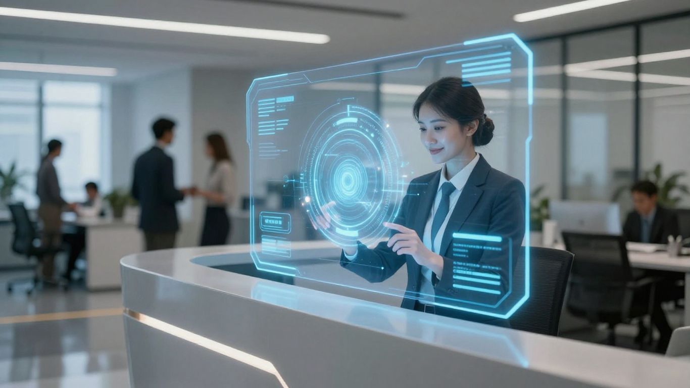 AI receptionist interface in a modern office.