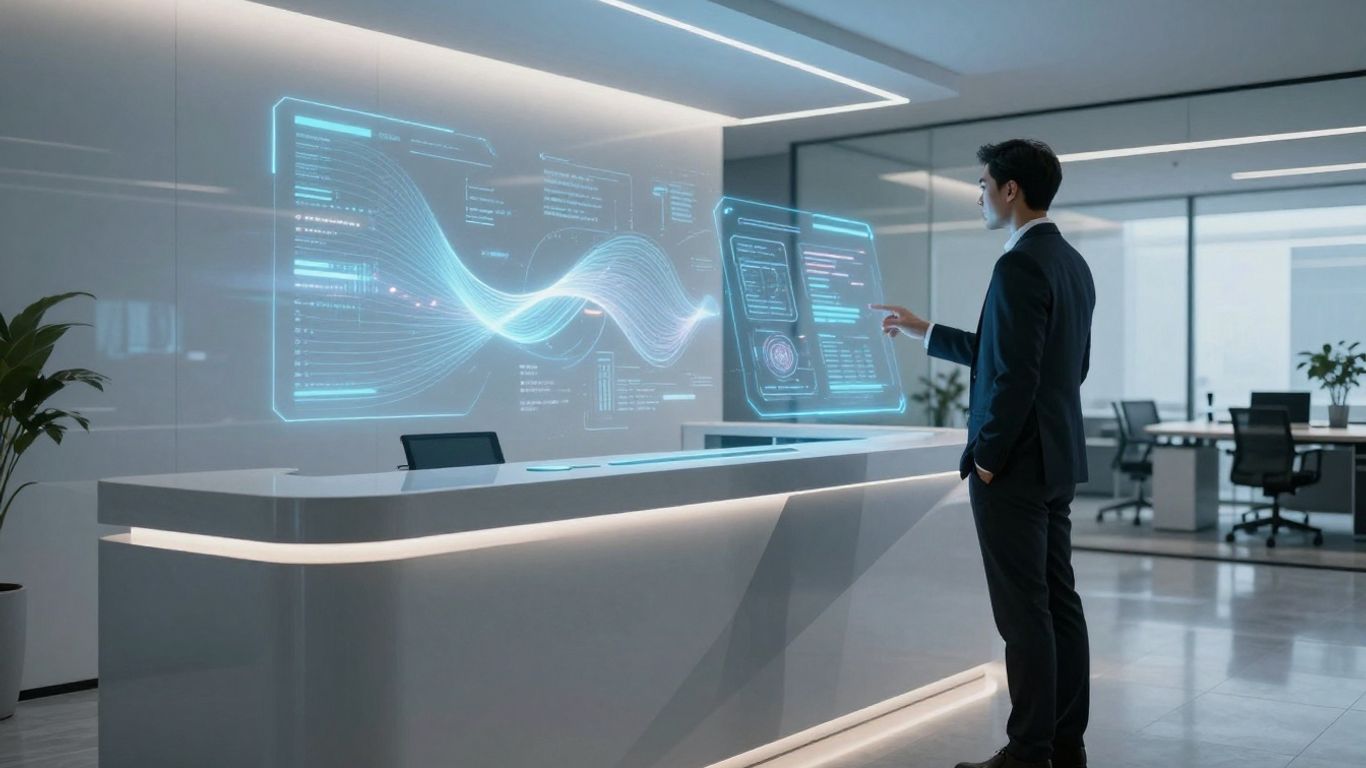 AI receptionist interface in a modern office.