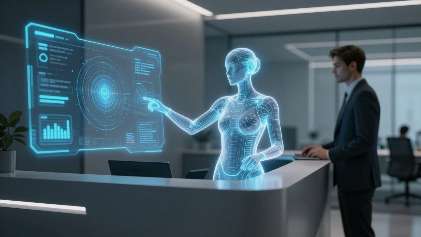 AI receptionist interface in a modern office.