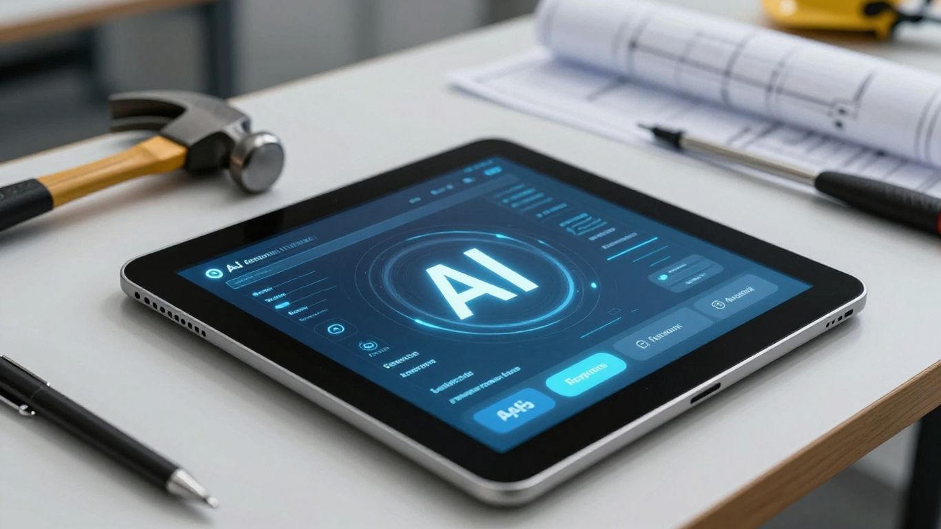 AI receptionist on tablet with contractor tools.