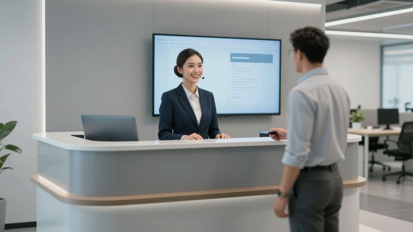 AI receptionist assisting a contractor in an office.