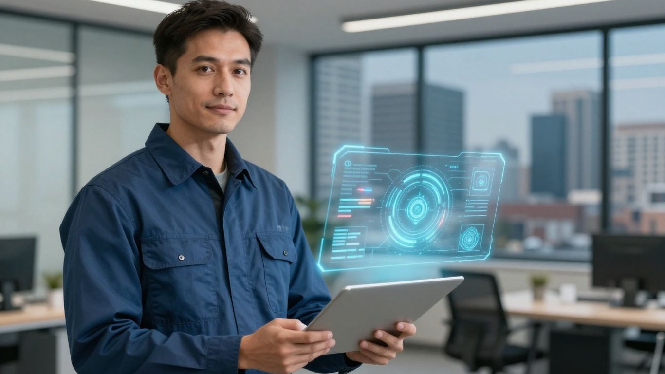 Contractor using AI receptionist technology in Markham office.