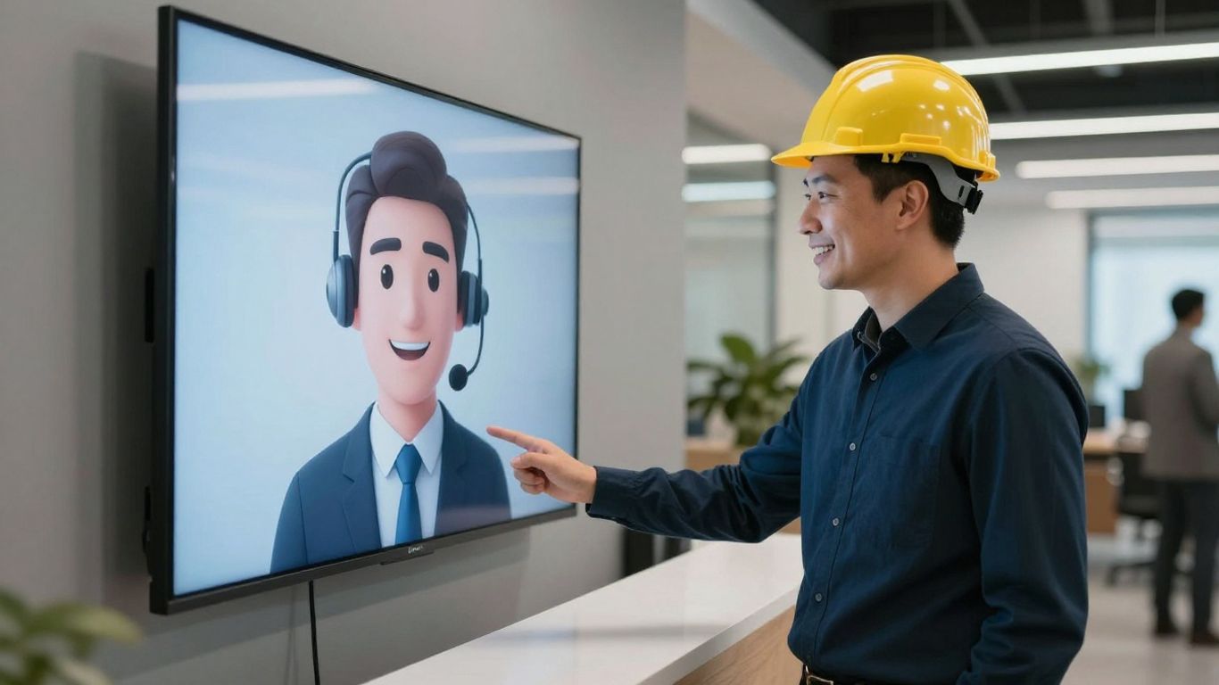 AI receptionist assisting a contractor in an office.
