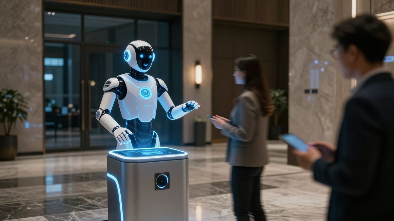 AI voice bot assisting a hotel guest at the front desk.