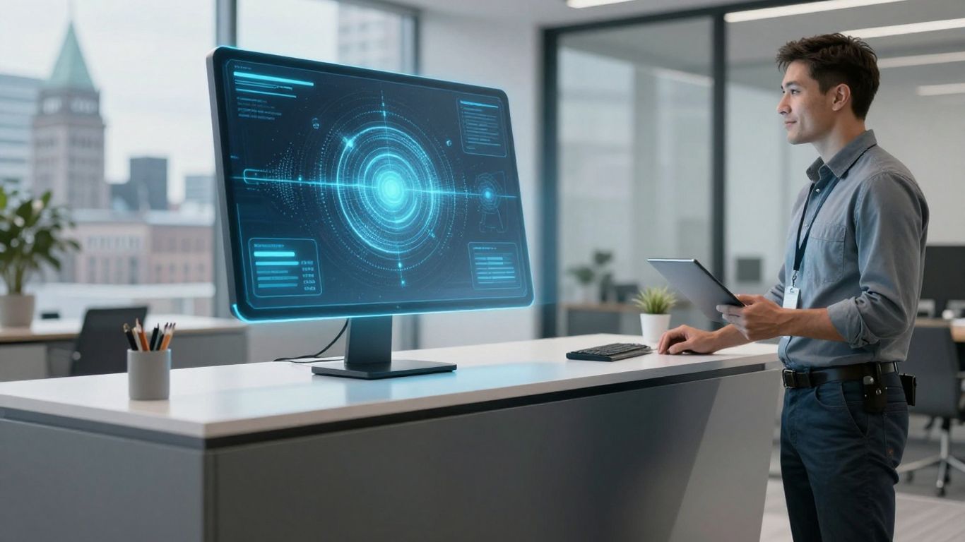 AI receptionist interface in a modern office