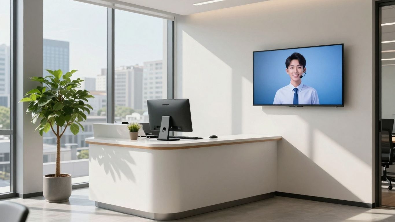AI receptionist assisting a contractor in an office.