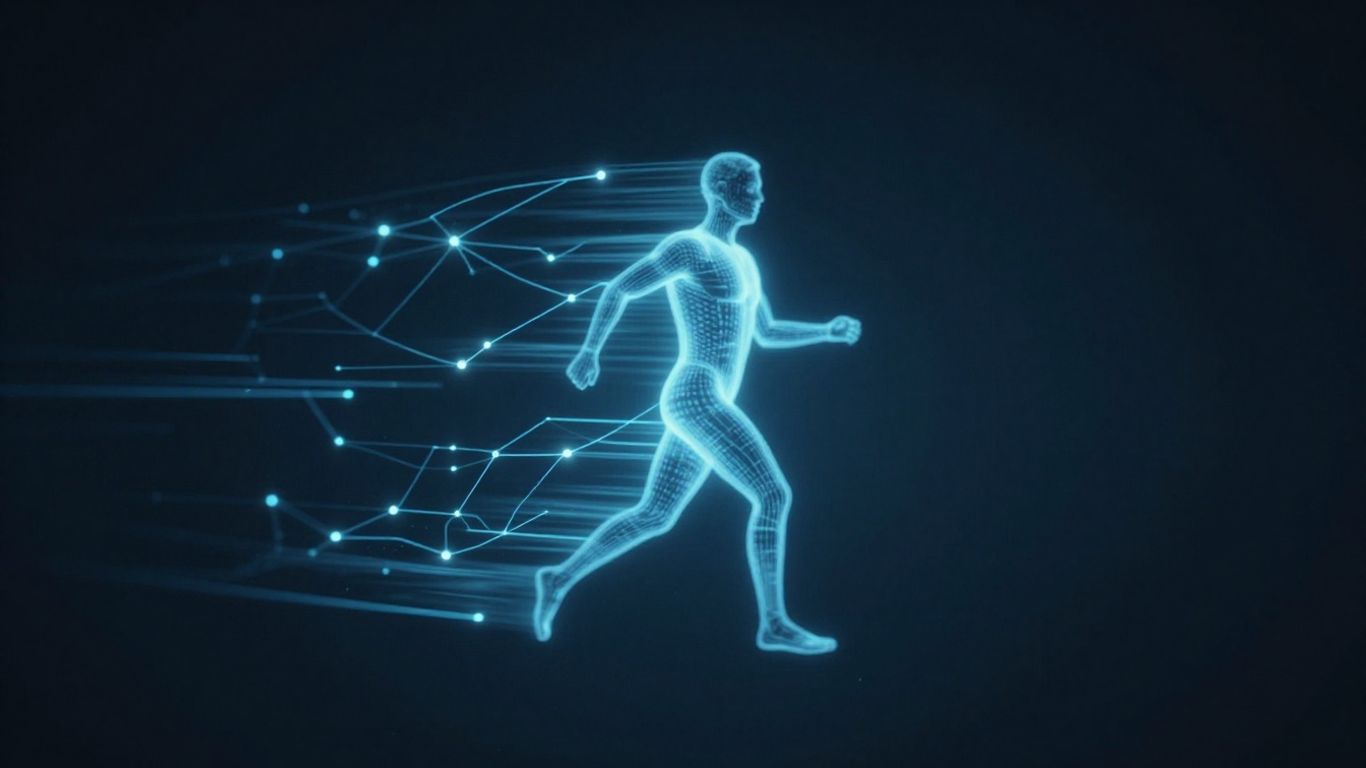 Futuristic interface with glowing lines connecting to a silhouette.