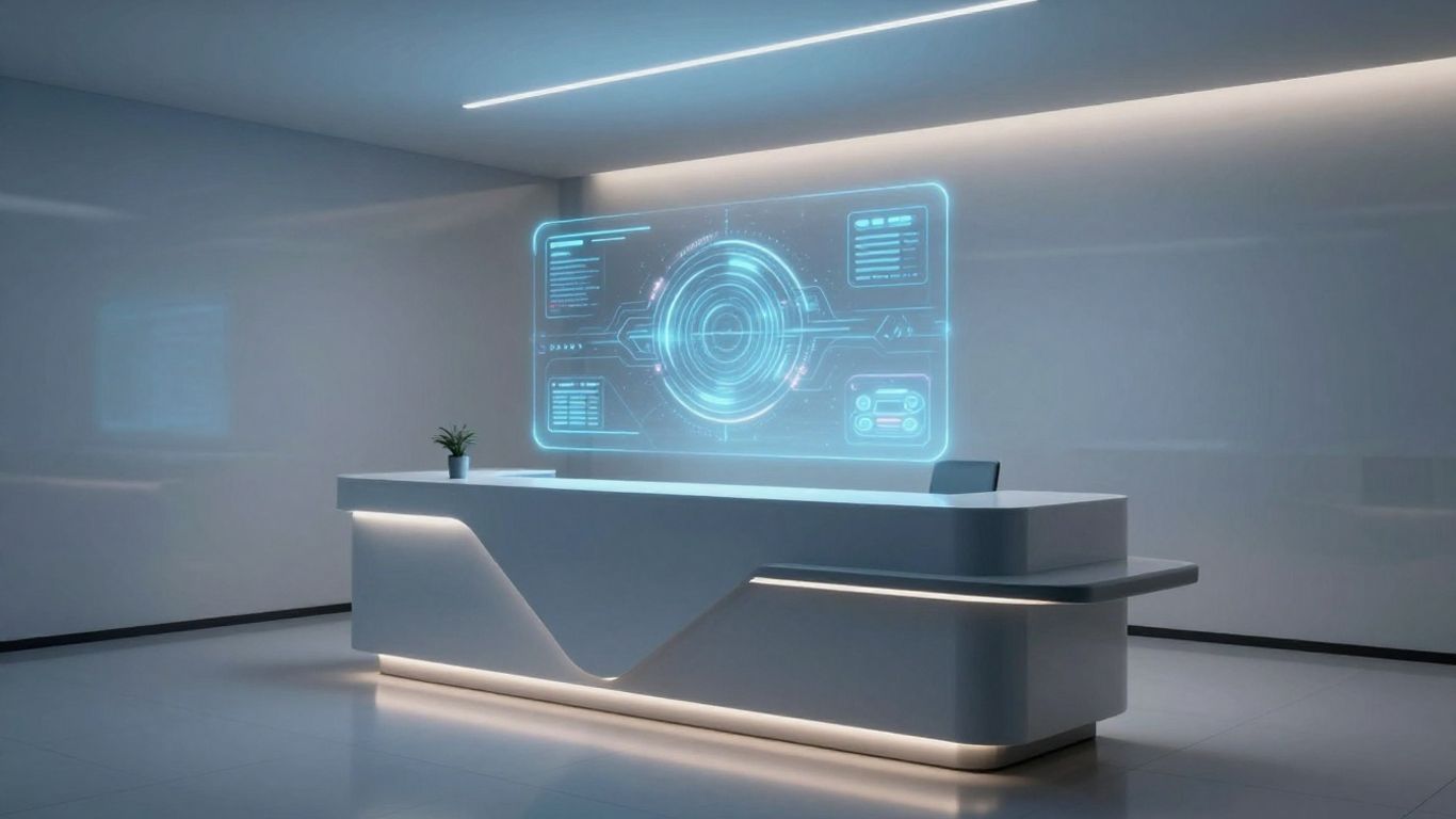 Futuristic automated receptionist interface in a modern office.
