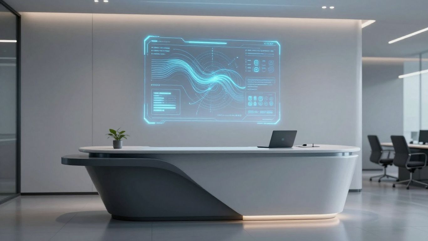 Futuristic automated receptionist interface in a modern office.