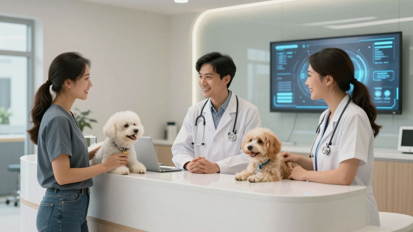 Veterinarian and client with AI technology in clinic.