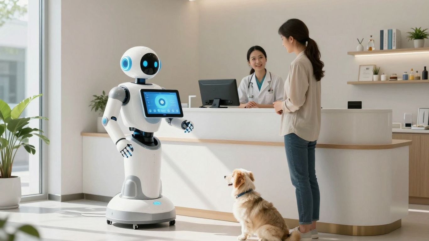 AI receptionist helping a pet owner at a veterinary clinic.