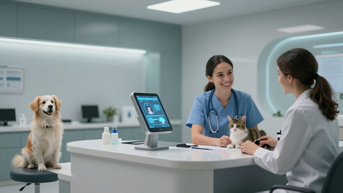 AI receptionist in a veterinary clinic with happy pets.
