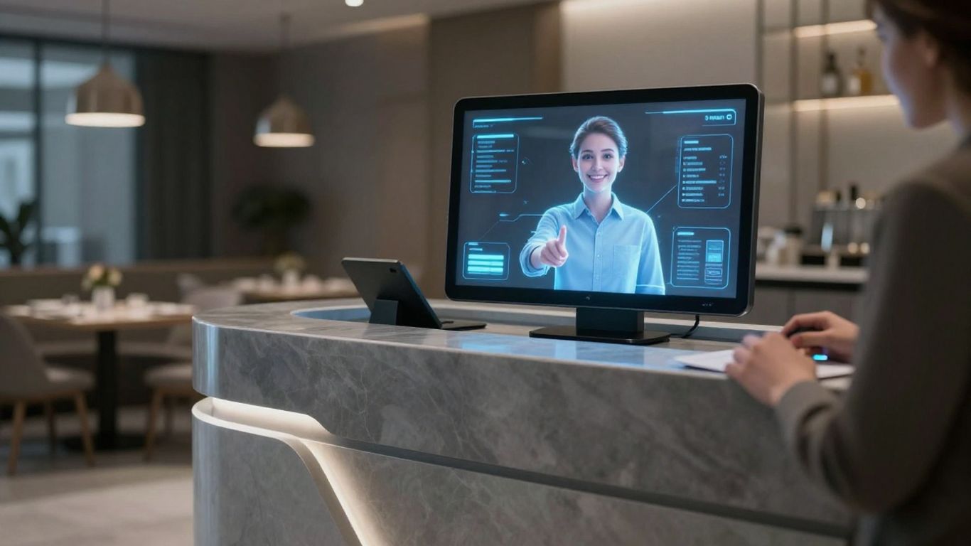 AI receptionist assisting a customer in a modern restaurant.