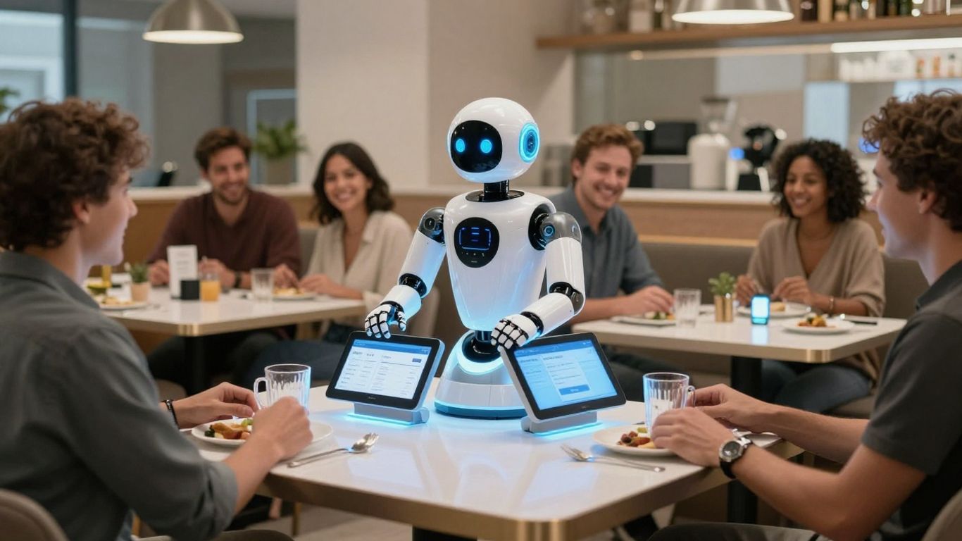 Robot server assisting customers in a modern restaurant.