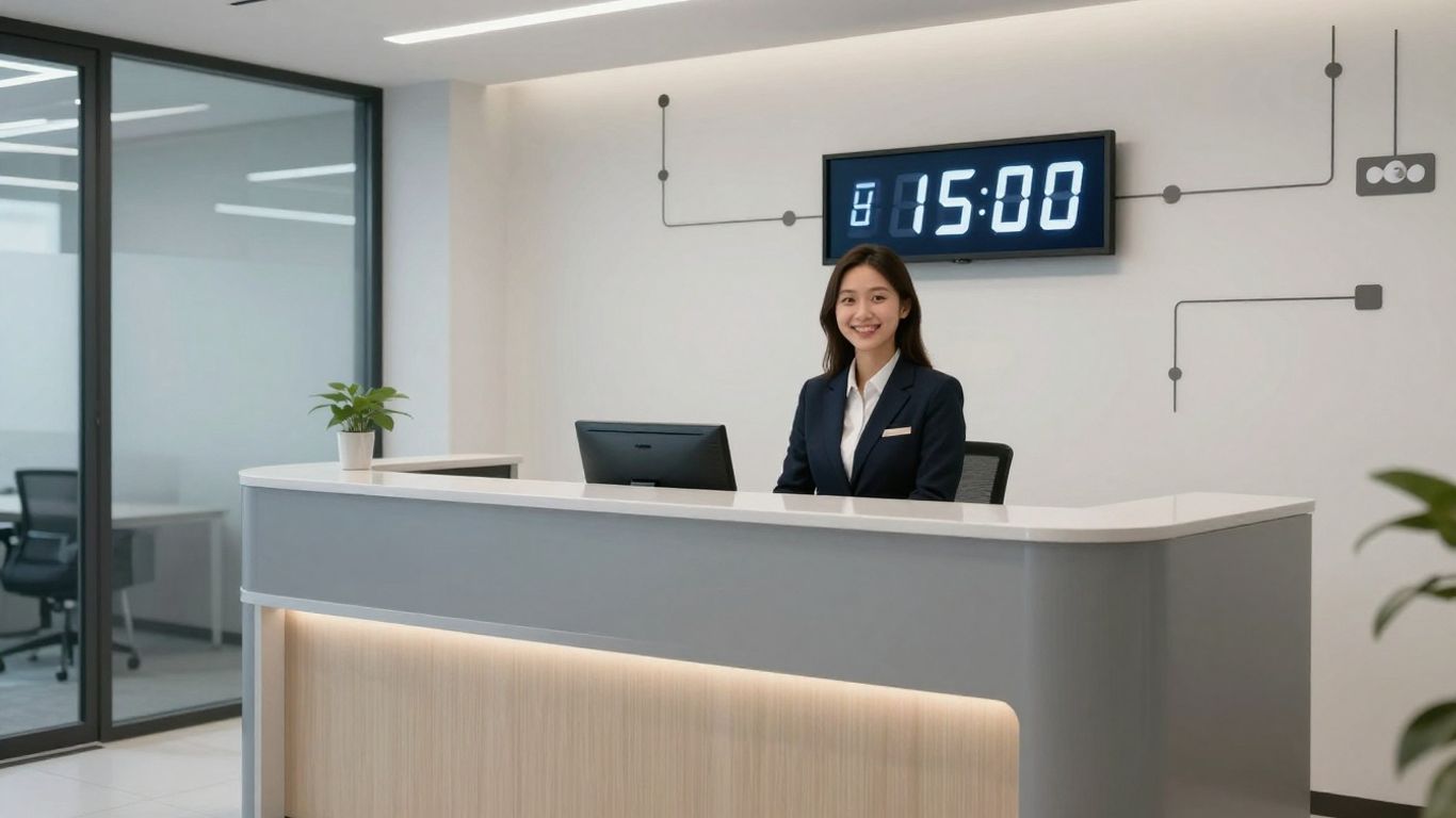 Receptionist managing call minutes on a digital timer.