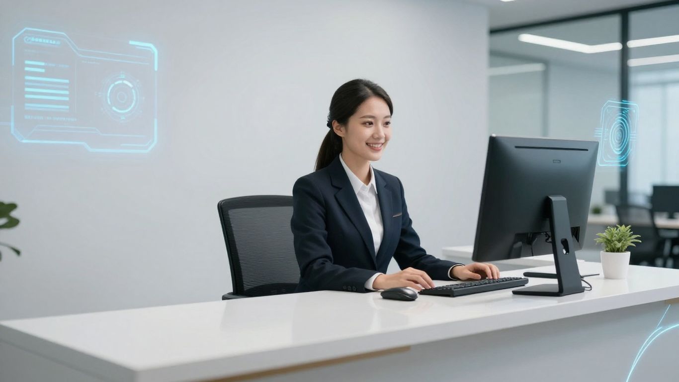 AI receptionist assisting an electrician in a modern office.