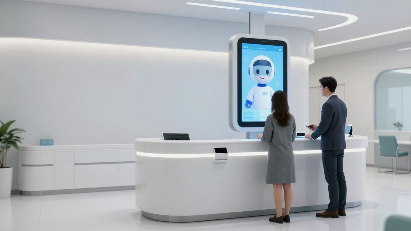Automated medical receptionist kiosk assisting a patient.