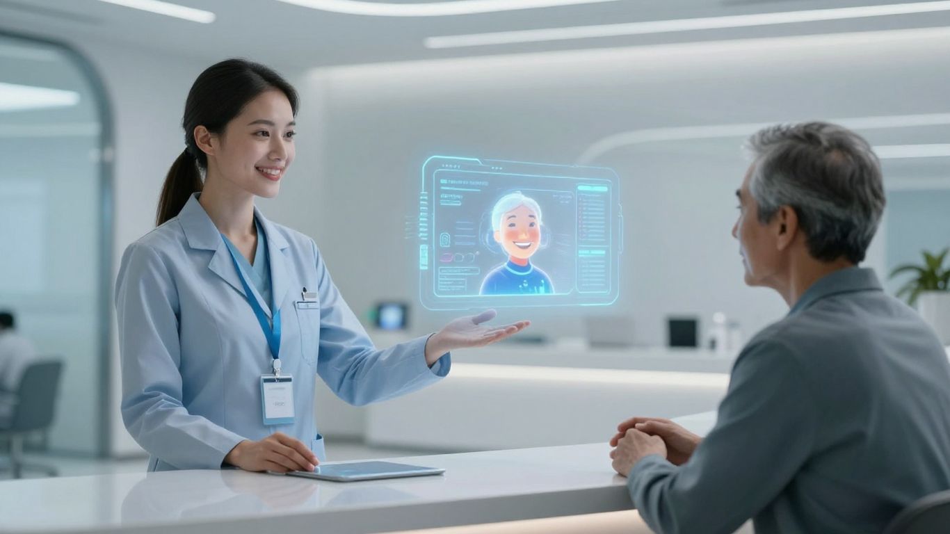 AI receptionist assisting a patient in a modern clinic.