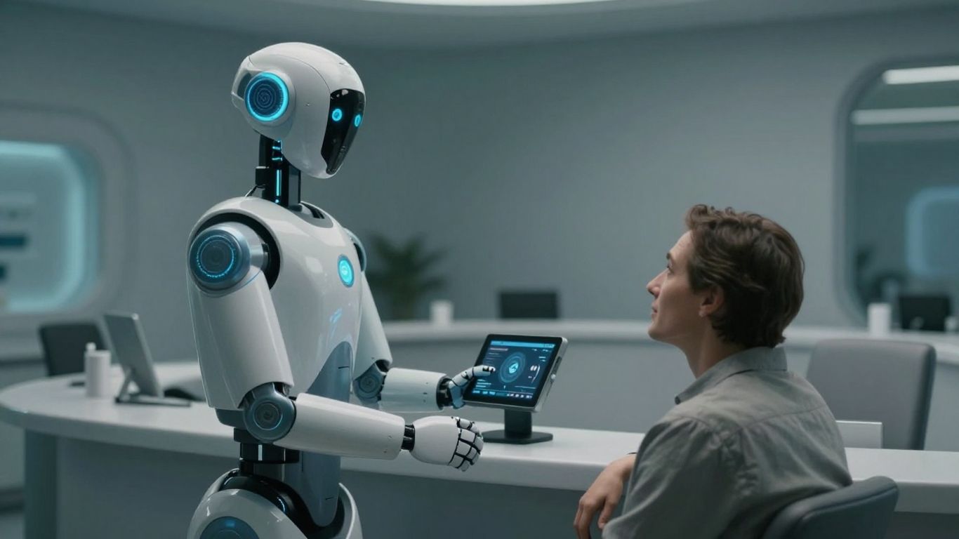 Robot receptionist assisting a patient in a modern clinic.