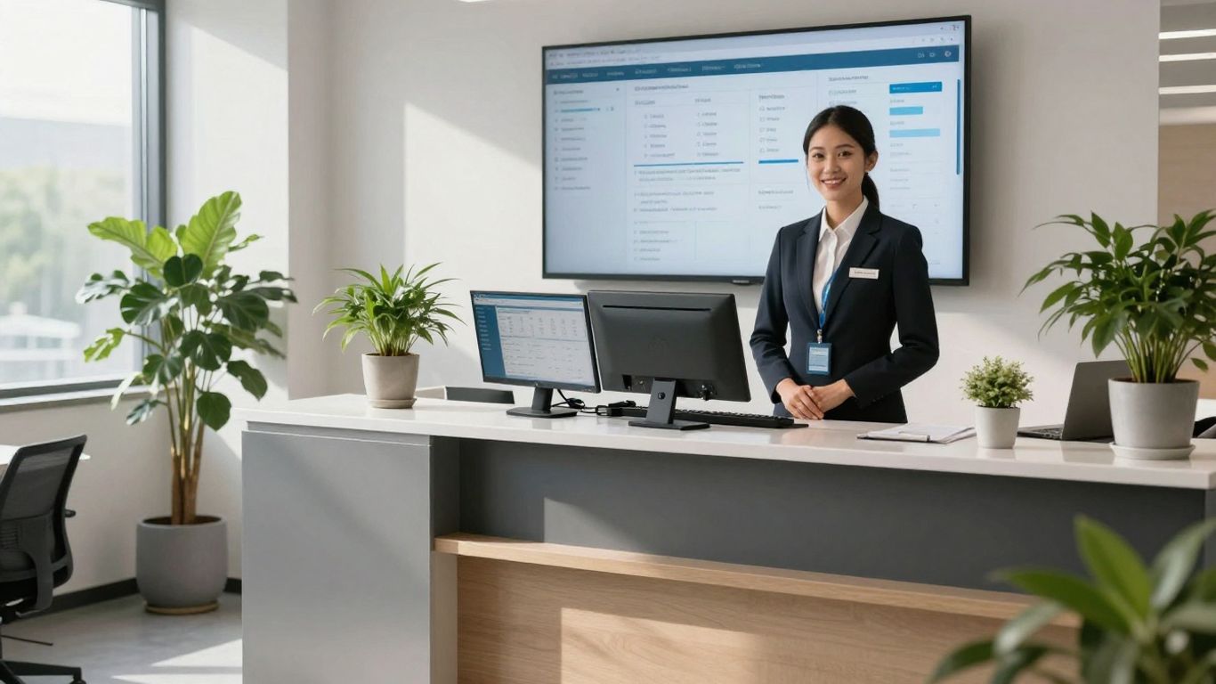 Receptionist in a modern office with a computer.