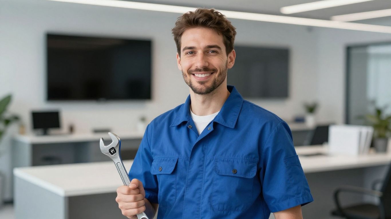 Plumber smiling with wrench in modern office