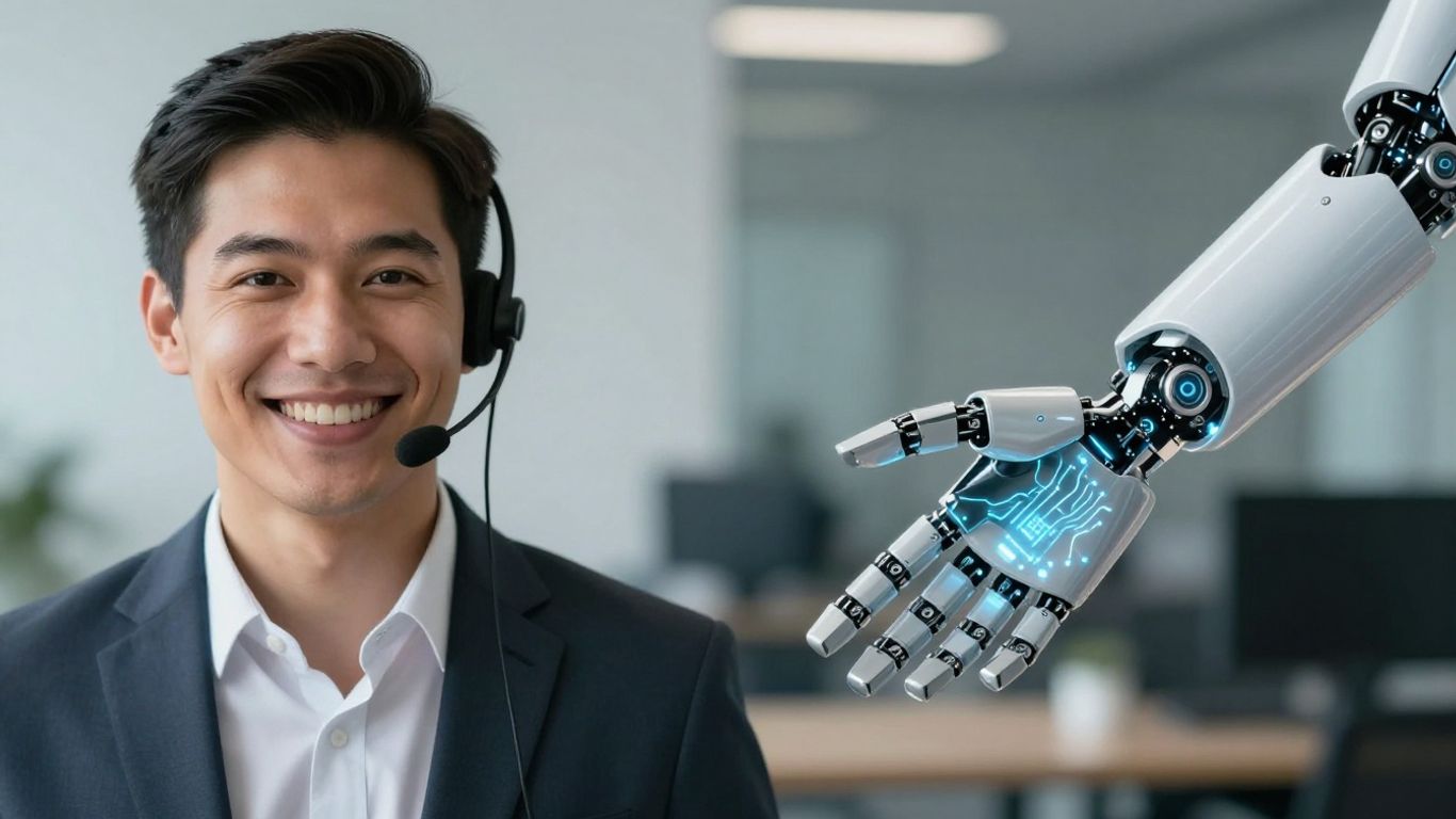 Human agent and robot hand interacting, symbolizing AI integration.