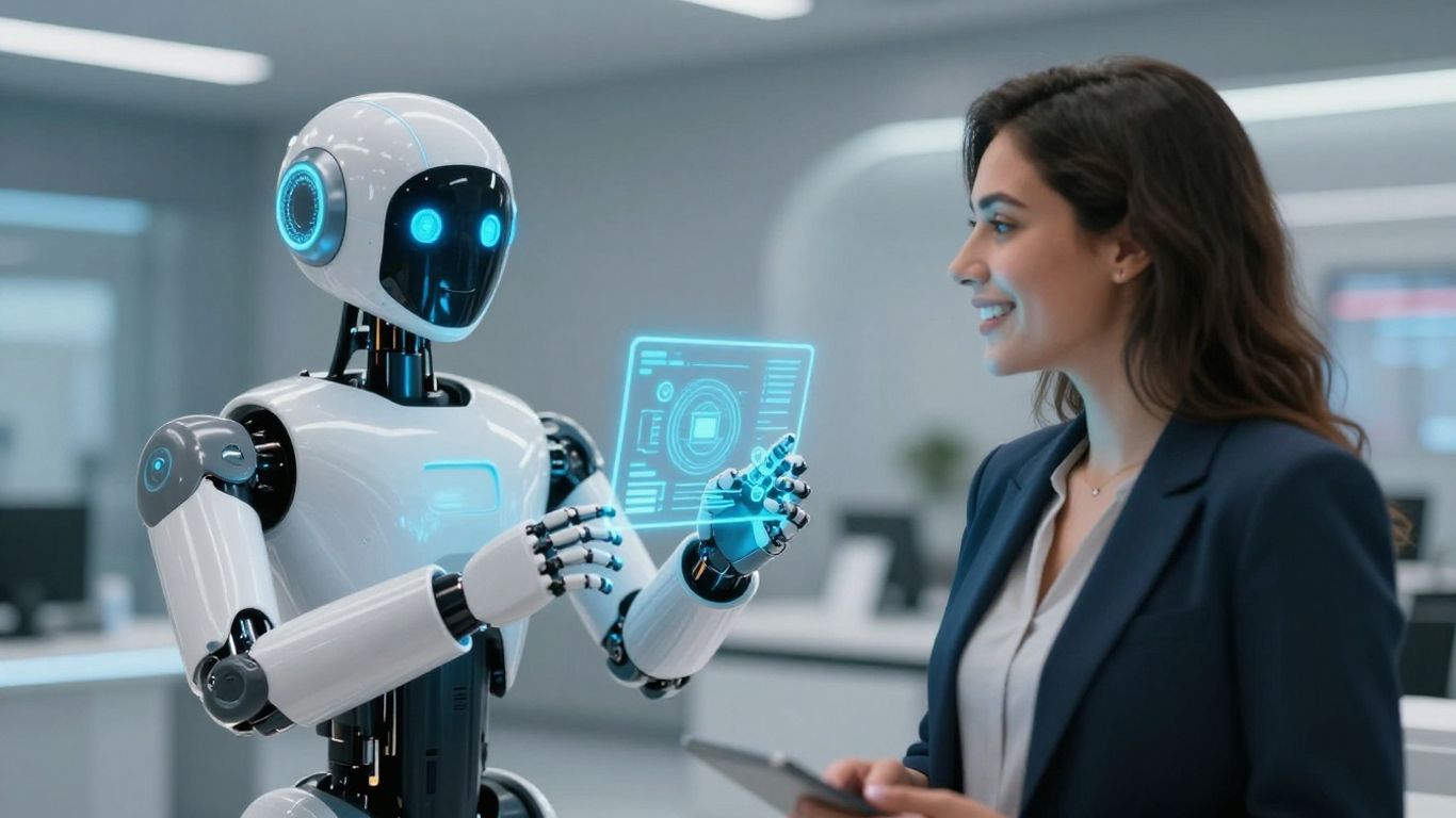 Robot and human interacting in a customer service setting.