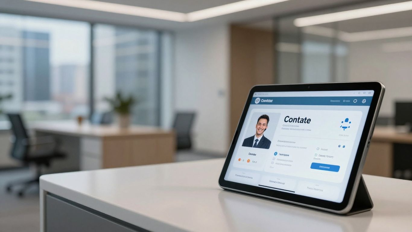 Automated receptionist interface on a tablet in an office.
