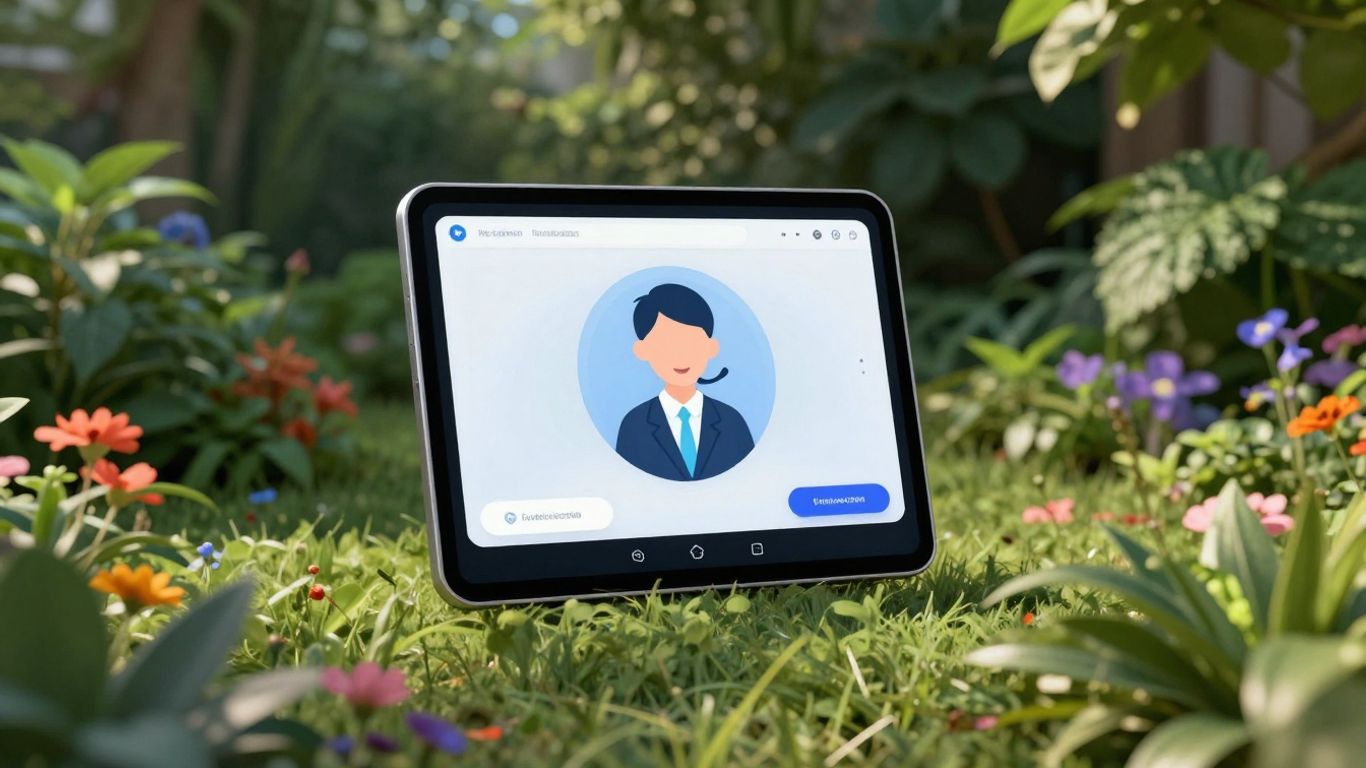 AI receptionist interface on tablet with garden background.