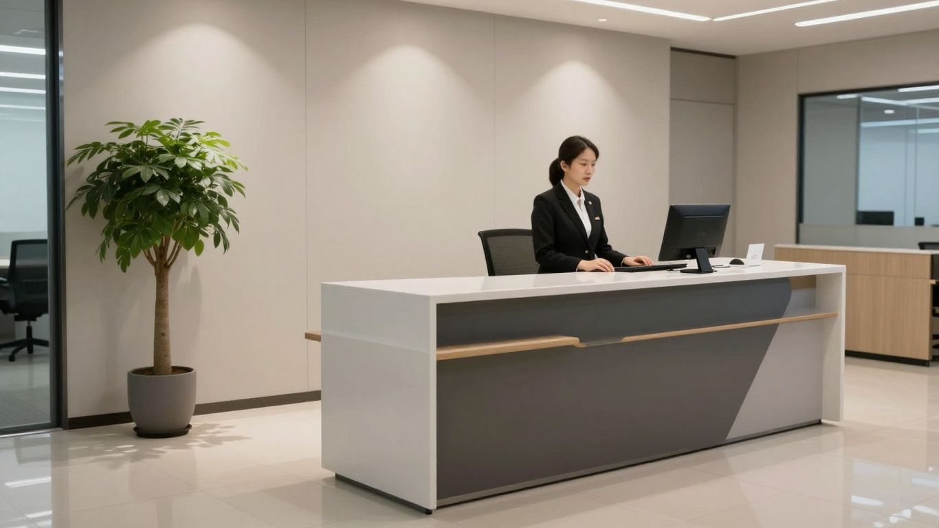Modern reception desk with a professional receptionist and digital display.