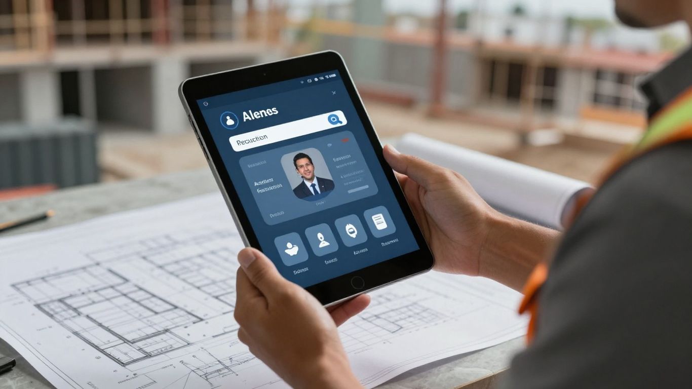 AI receptionist on tablet with construction background.