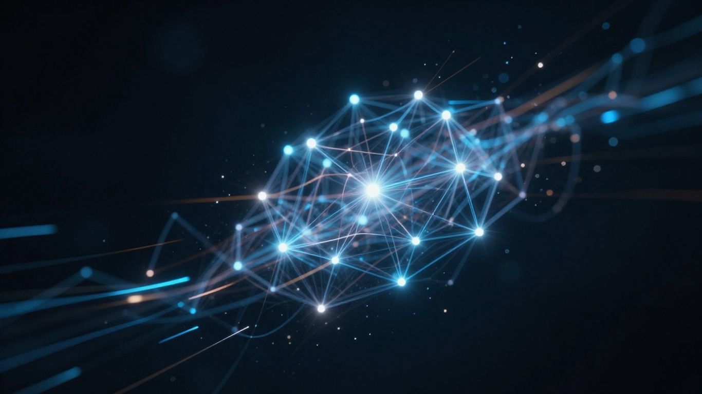 Abstract glowing neural network with fast-moving light streaks.