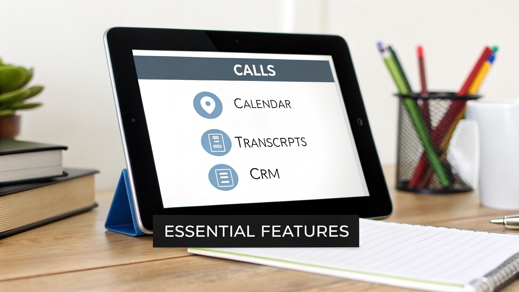 A tablet on a wooden desk displays 'CALLS' and essential features like Calendar, Transcripts, and CRM.