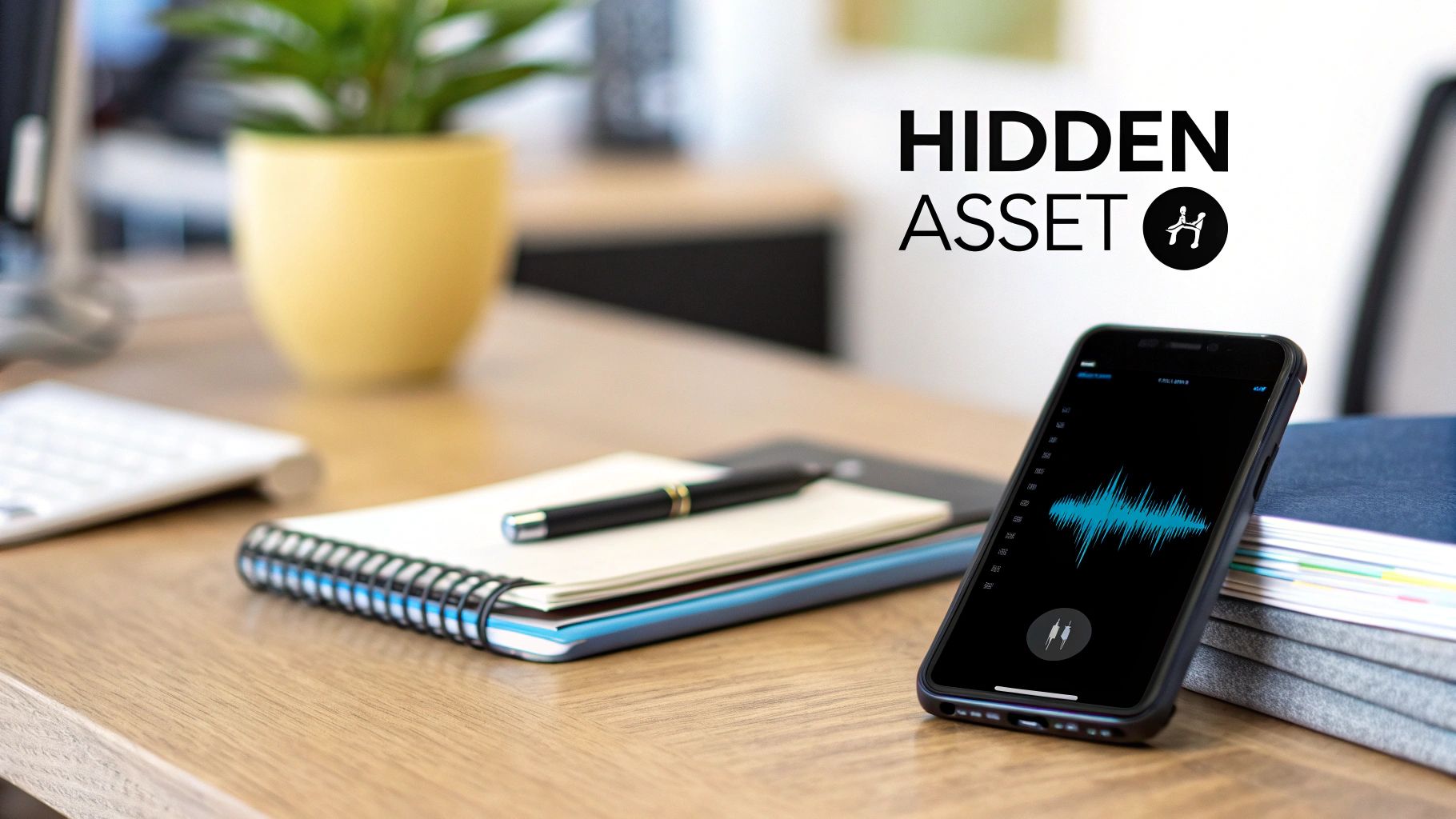 A smartphone on a desk displays a blue sound wave, next to notebooks and a pen.