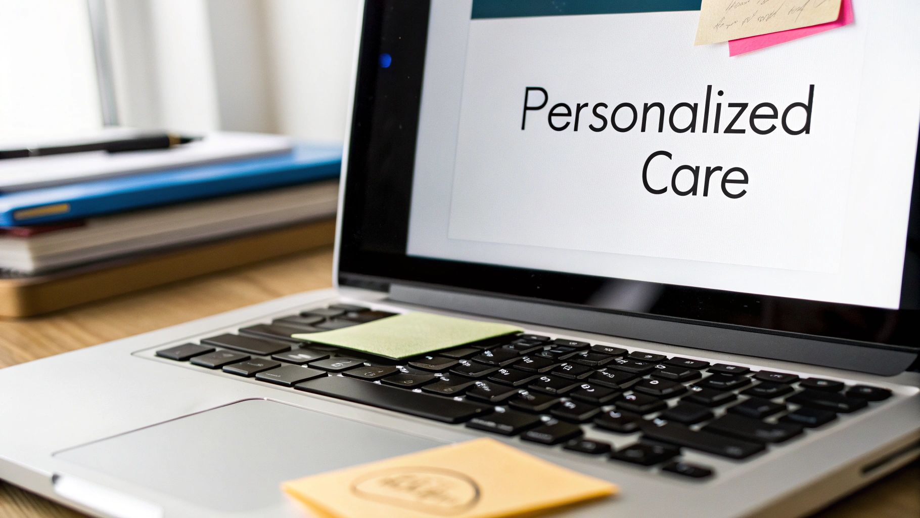 A laptop screen displays 'Personalized Care' with sticky notes on the monitor and keyboard.