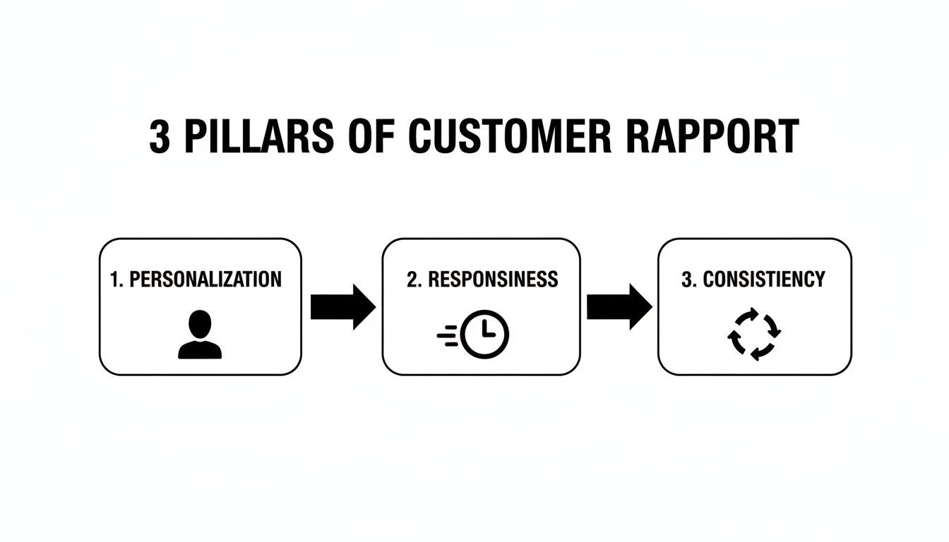 A diagram outlining the three key pillars of customer rapport: personalization, responsiveness, and consistency.