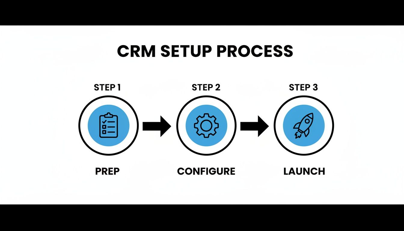 A clear visual representation of a three-step CRM setup process, featuring icons for preparation, configuration, and launch.