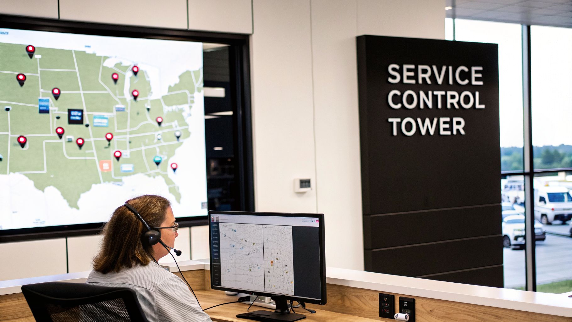A person with a headset monitors digital maps on a desktop and large screen in a service control tower.