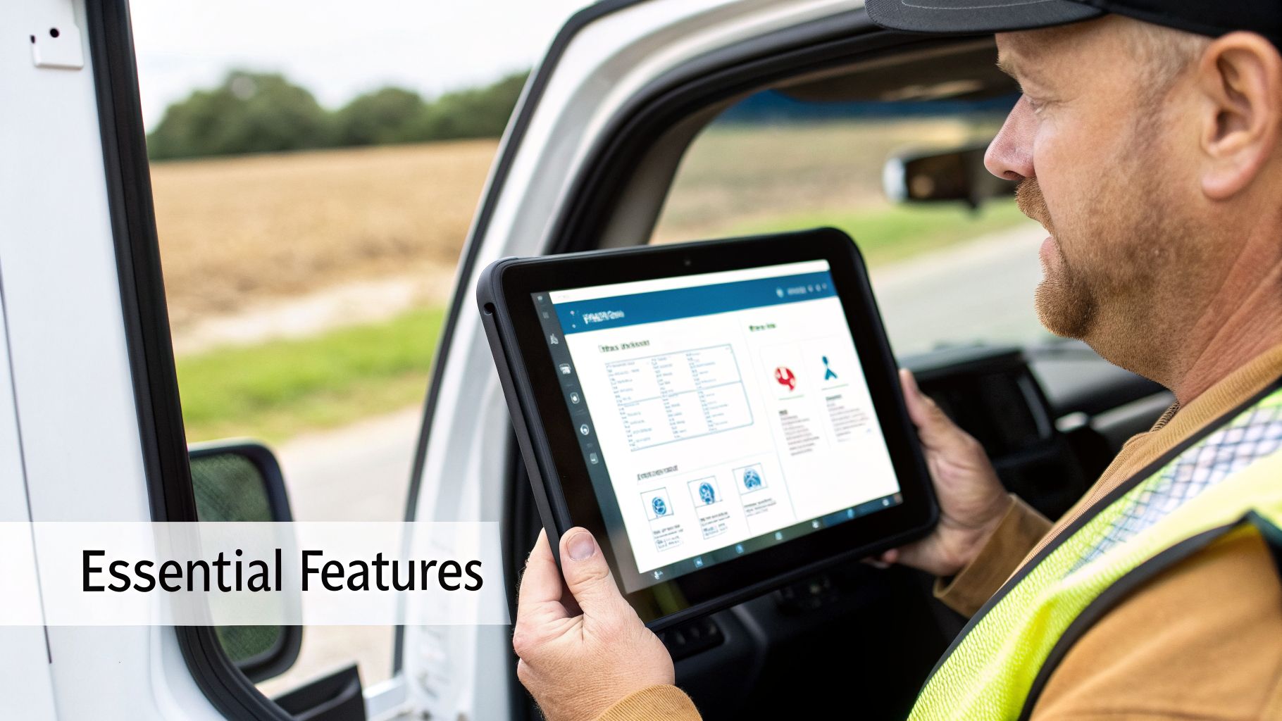 A service worker in a safety vest uses a tablet with business software in his vehicle, showcasing essential features.