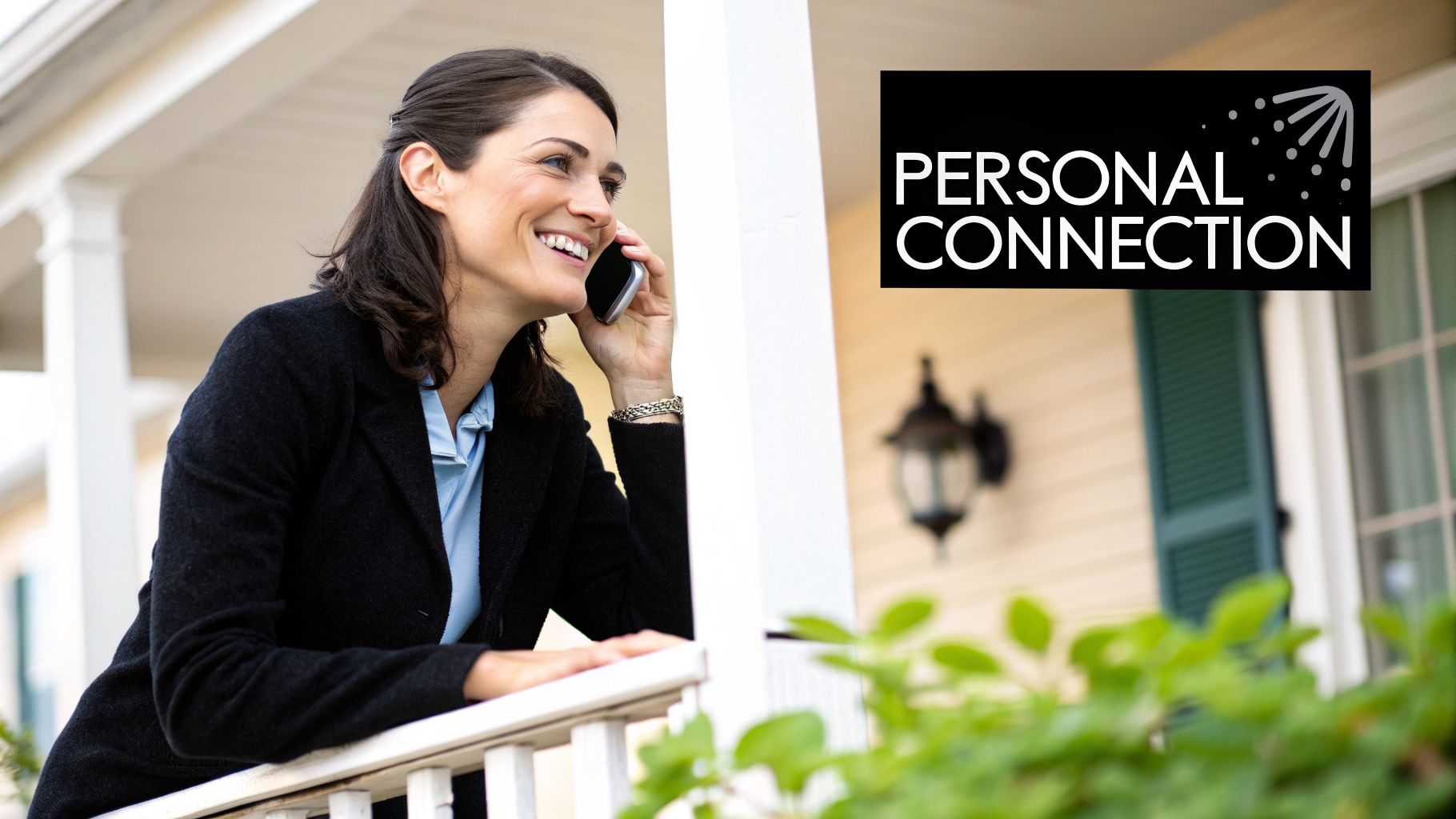 Smiling woman on a porch talking on her cell phone with 'Personal Connection' logo.