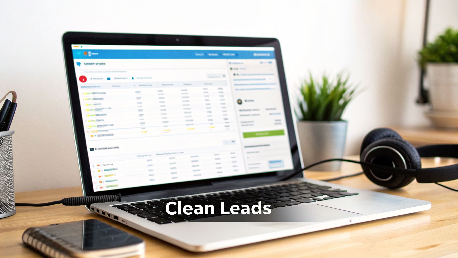 A laptop showing business data on its screen, surrounded by office supplies and headphones on a wooden desk.