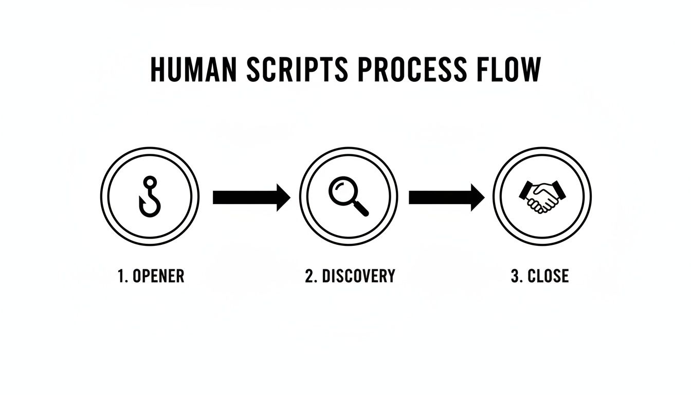 A three-step human scripts process flow: opener (hook), discovery (magnifying glass), and close (handshake).