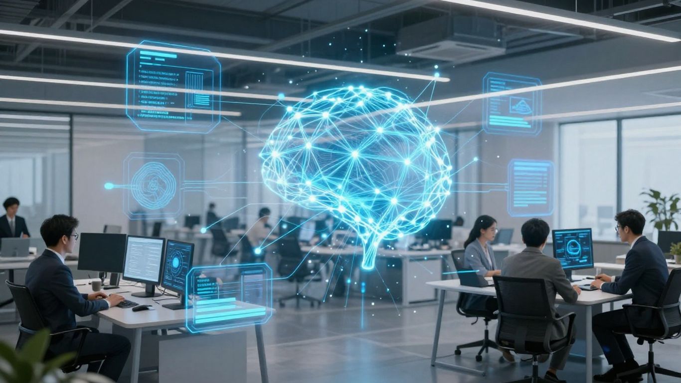 AI neural network connecting to business professionals.