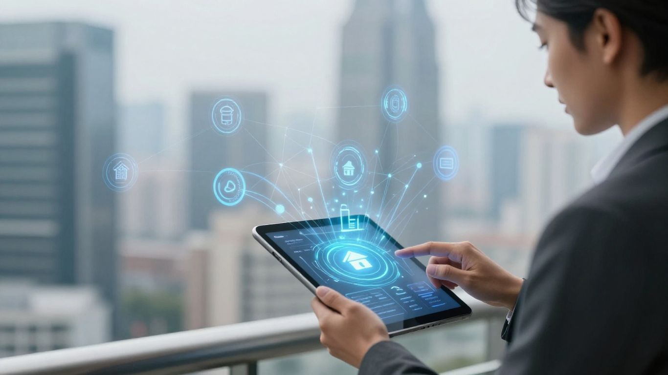 Real estate agent using AI technology on a tablet.