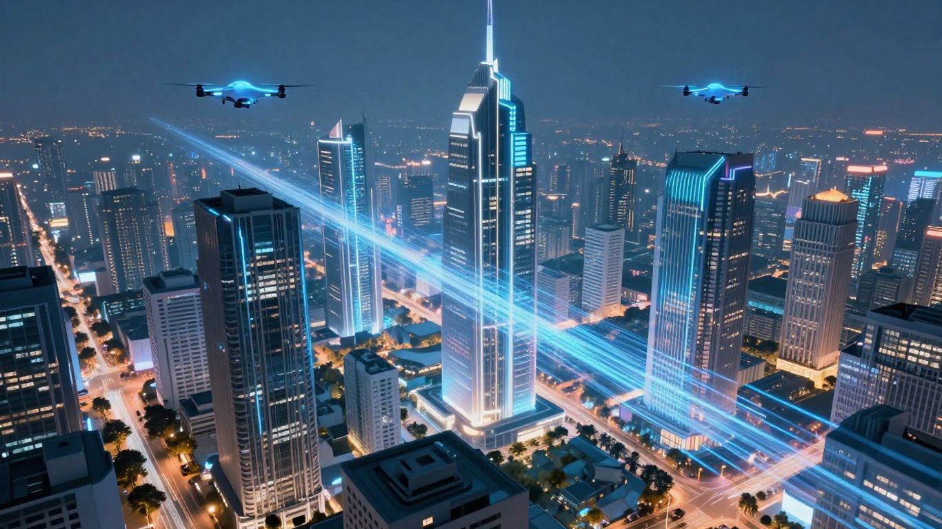 AI transforming real estate with futuristic city visuals.