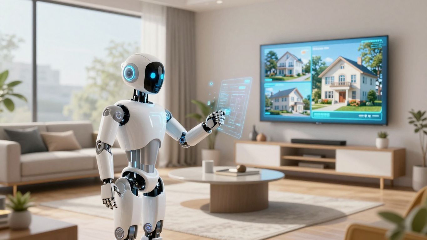 AI robot and real estate agent inside modern smart home